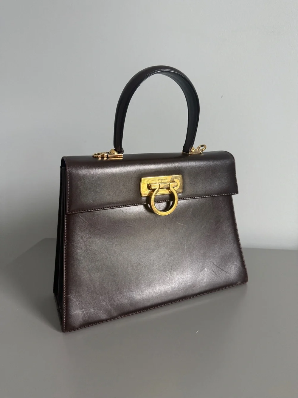 Vintage Salvatore Ferragamo Gancini 0212181 Brown Leather Top Handle Bag